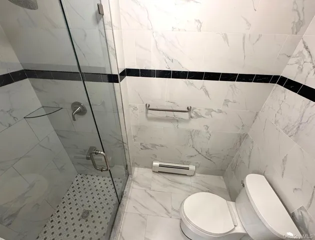 a bathroom with a toilet and a shower