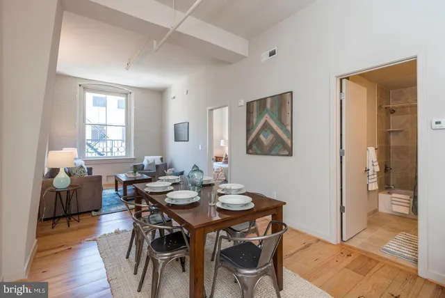 a view of a dining room with furniture and wooden floor