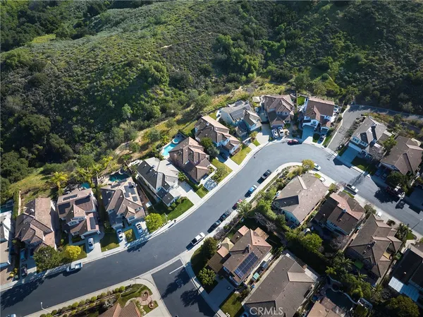 an aerial view of a house with a swimming pool