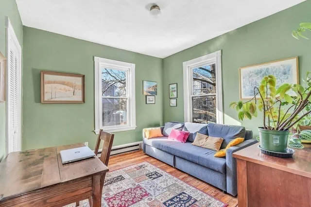a living room with furniture and a potted plant
