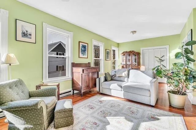 a living room with furniture and a potted plant