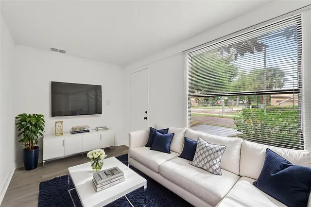 a living room with furniture a rug and a window