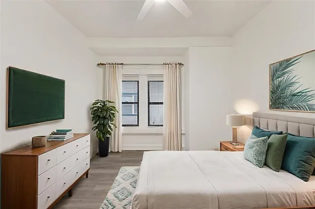a view of a workspace with furniture and a potted plant