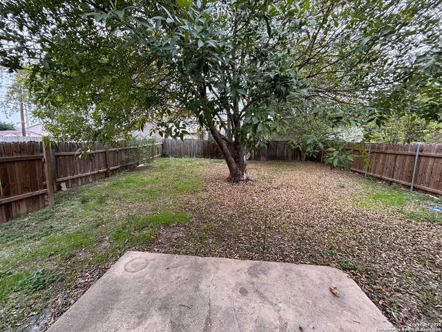 a backyard of a house with lots of plants and tree