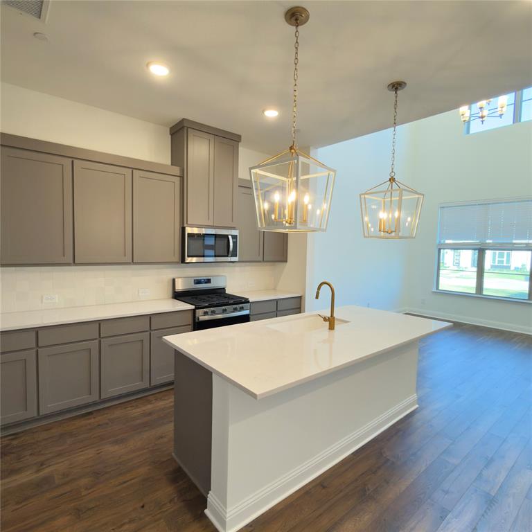 2541 Brunswick Way Allen, TX 75013 - Photo 6 of 20 a kitchen with stainless steel appliances granite countertop a sink a stove and a wooden floors