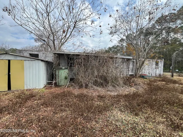 a view of a backyard with large trees