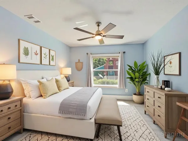 a bedroom with a bed dresser and window