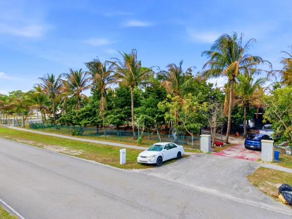 a view of a swimming pool with a yard and palm trees