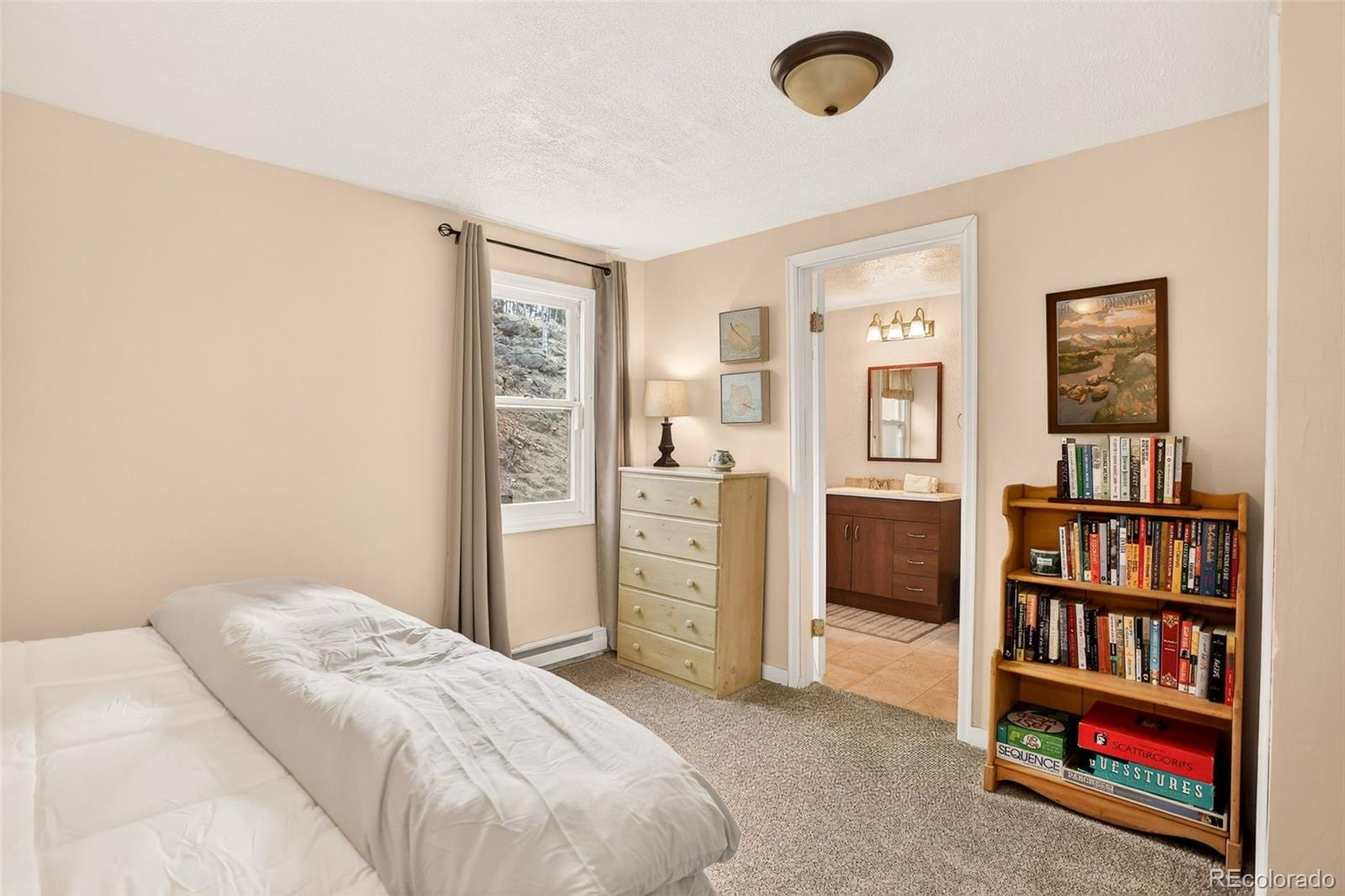 626 Aspen Lane Bailey, CO 80421 - Photo 15 of 47 a bedroom with a bed and a book shelf