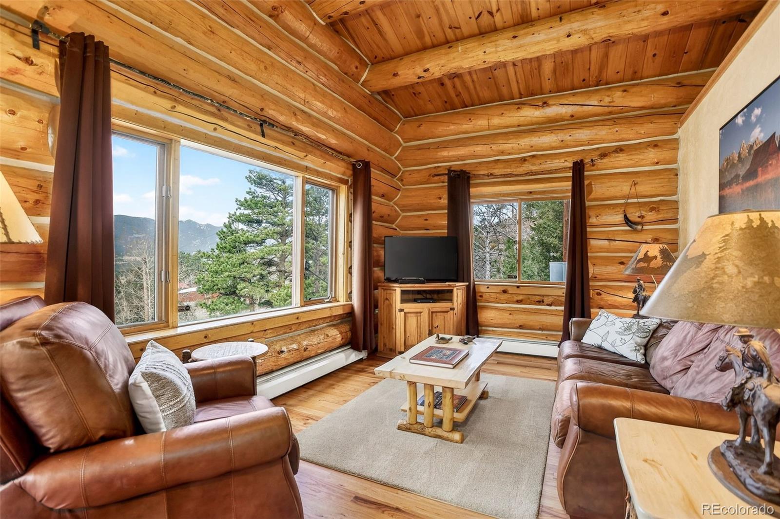 626 Aspen Lane Bailey, CO 80421 - Photo 21 of 47 a living room with furniture and a floor to ceiling window