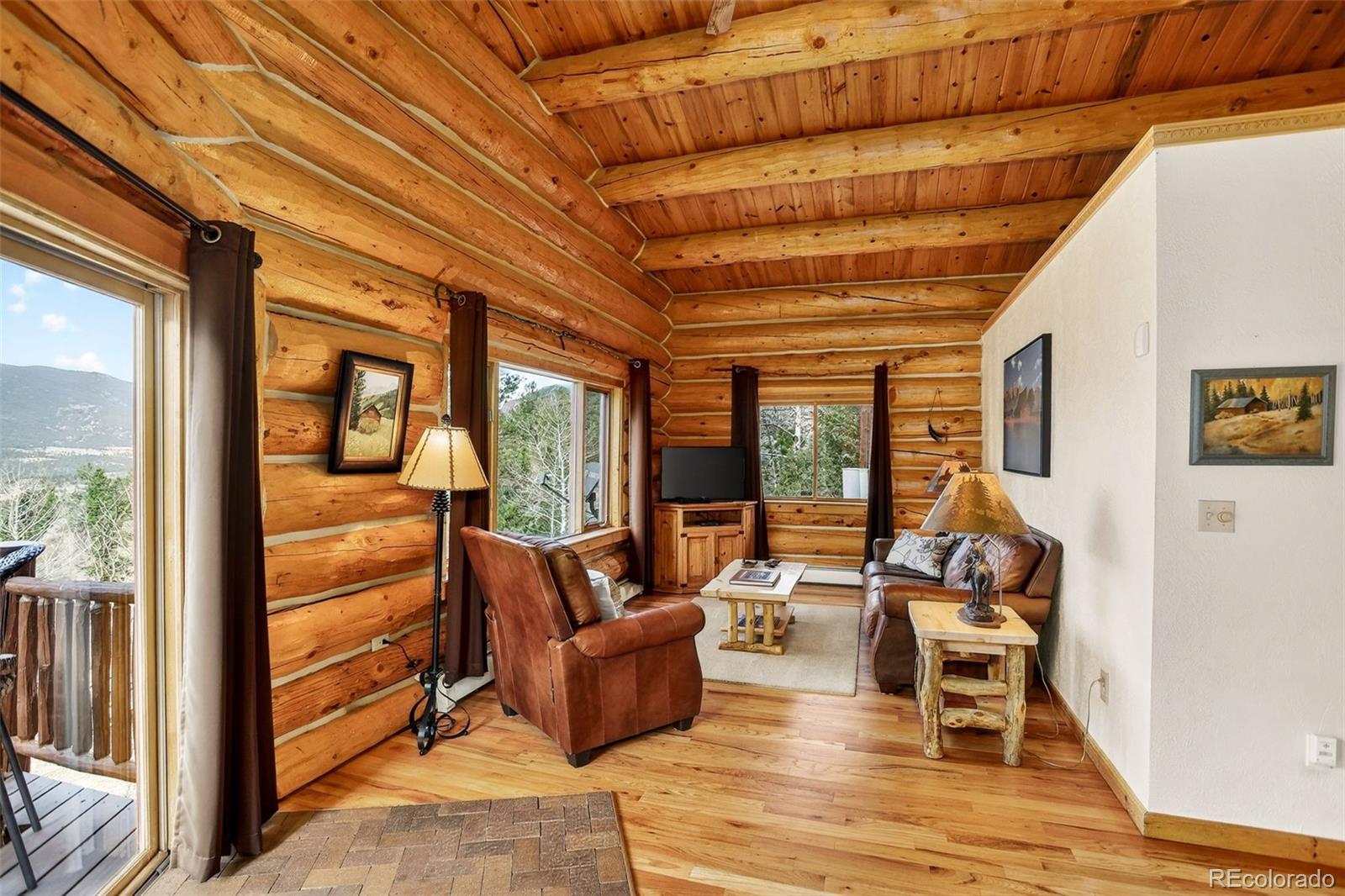 626 Aspen Lane Bailey, CO 80421 - Photo 22 of 47 a living room with furniture and a floor to ceiling window
