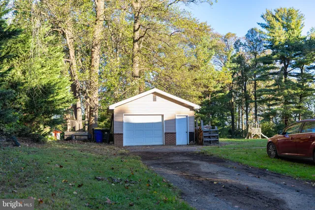 a view of a yard in front of a house with plants and large tree