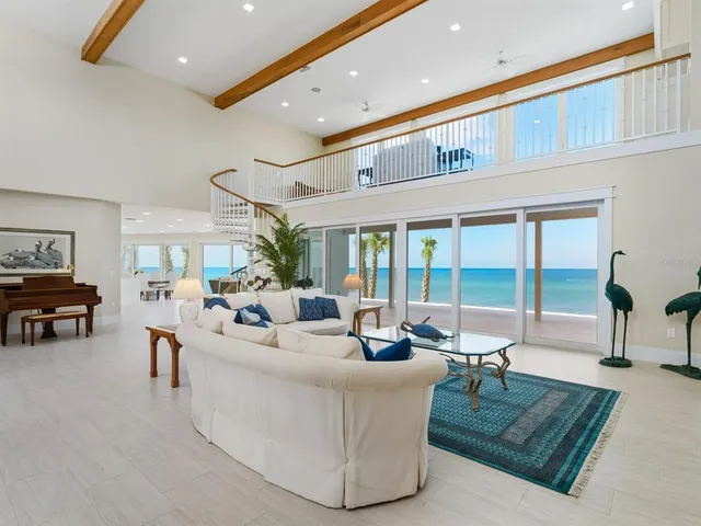 a living room with furniture a potted plant and a chandelier