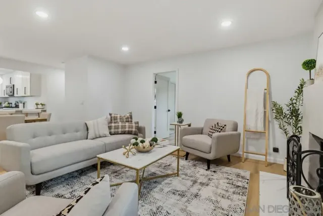 a living room with furniture potted plant and a fireplace
