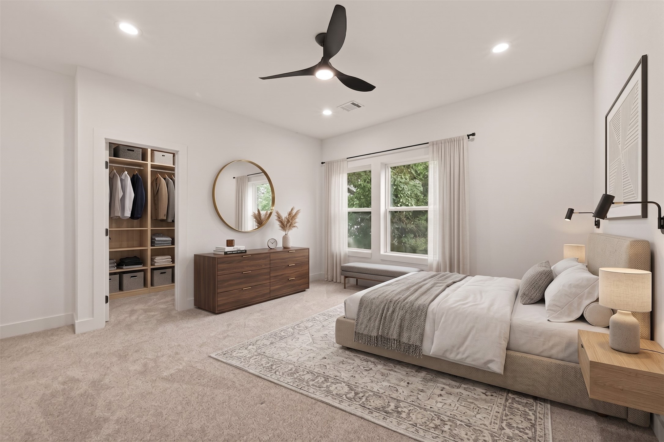 6808 Madrid Street Houston, TX 77021 - Photo 24 of 32 This room features clean white walls, a modern ceiling fan, and plush carpeting. Natural light streams through two large windows, offering a view of lush greenery, creating a bright and inviting space.
Virtual Staging
