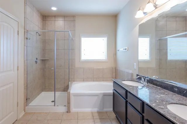 a bathroom with a granite countertop bathtub shower sink and mirror
