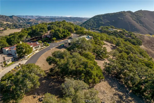 a view of a lush green field with mountains in the background