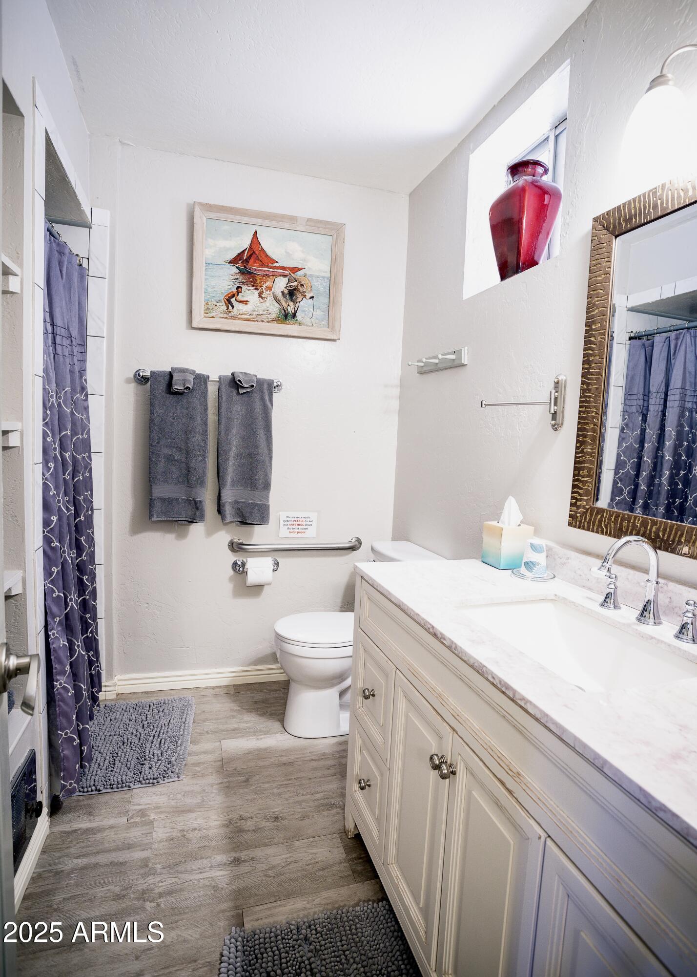 29 East Ramsey Canyon Road Hereford, AZ 85615 - Photo 52 of 119 a bathroom with a sink a toilet and a shower curtain
