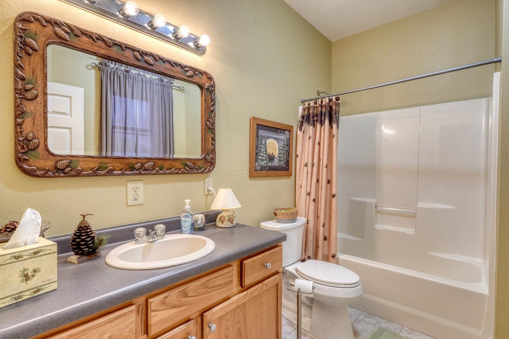4852 Hf Lyons Road Hiawassee, GA 30546 - Photo 36 of 48 a bathroom with a double vanity sink toilet mirror and shower