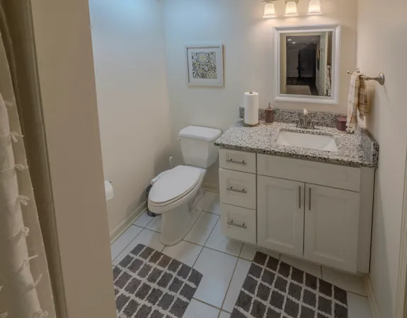 a bathroom with a granite countertop sink a toilet and a mirror