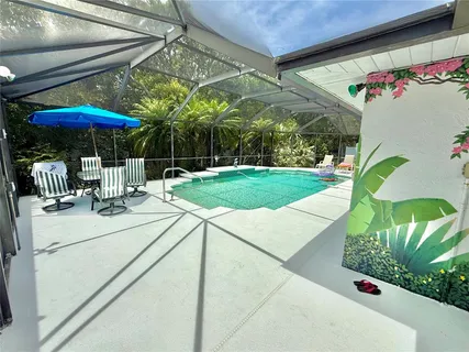 a view of a garden with an outdoor space