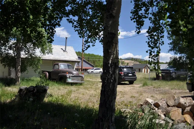 a view of a garden with a car park fire pit and a large tree