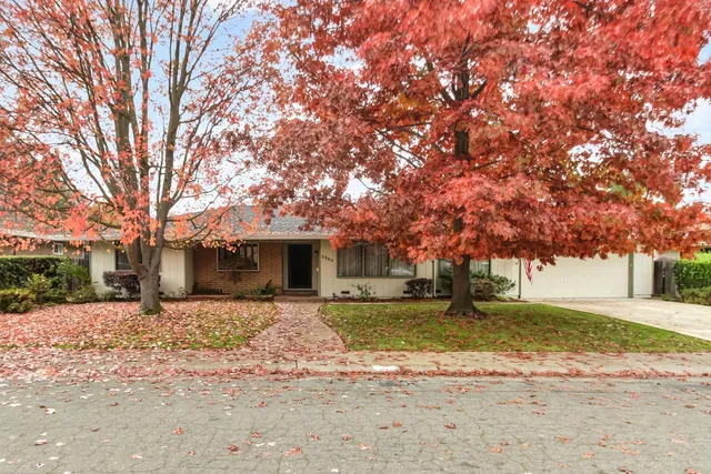 a front view of a house with a yard covered with snow and trees