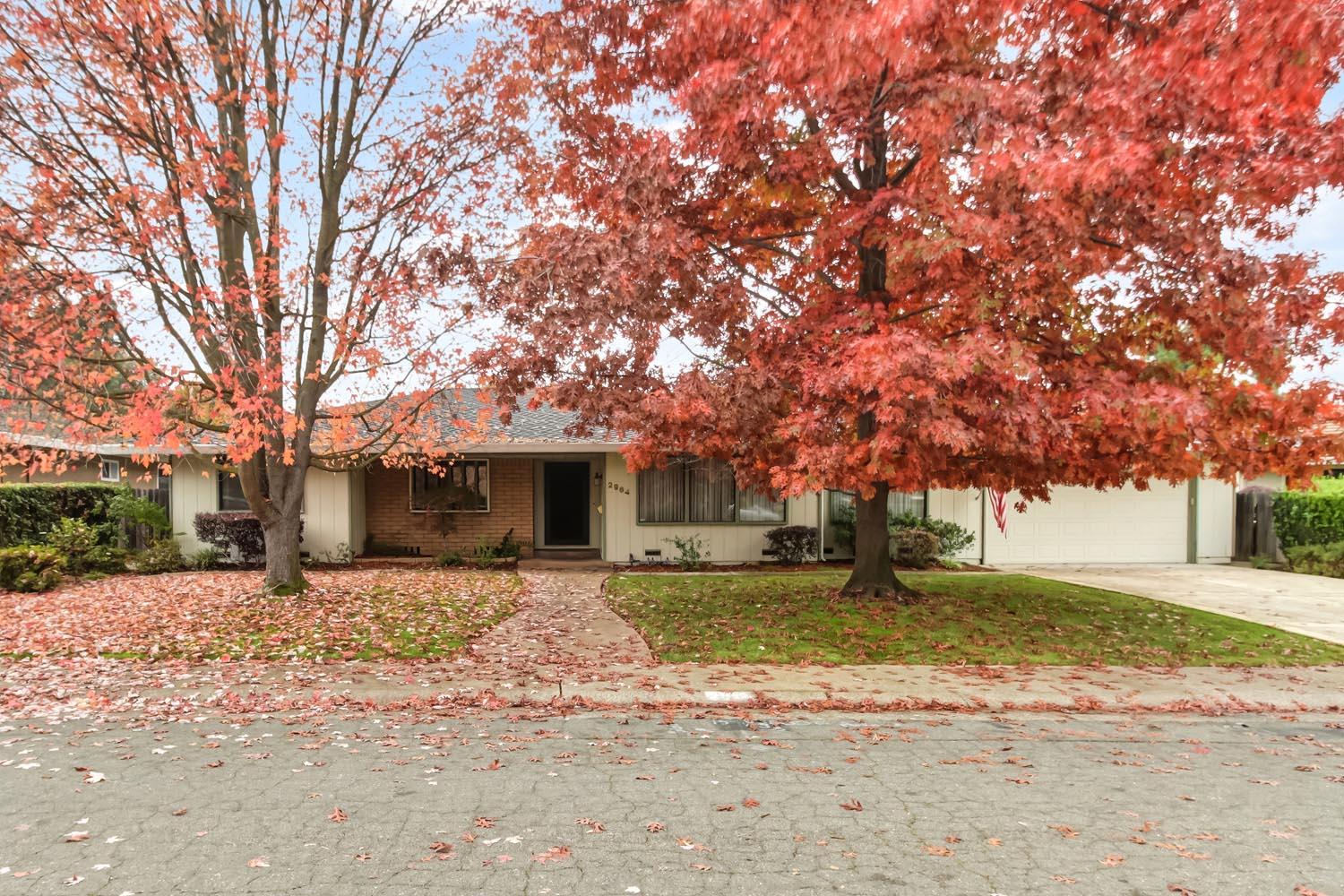a front view of a house with a yard covered with snow and trees
