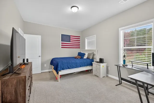 a bedroom with a bed and a flat screen tv