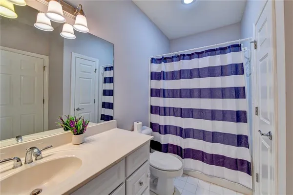 a bathroom with a sink a toilet a large mirror and shower curtain