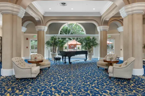 a view of a dining room with furniture