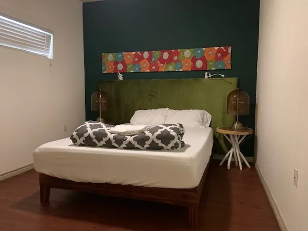 a table with chairs and a fireplace