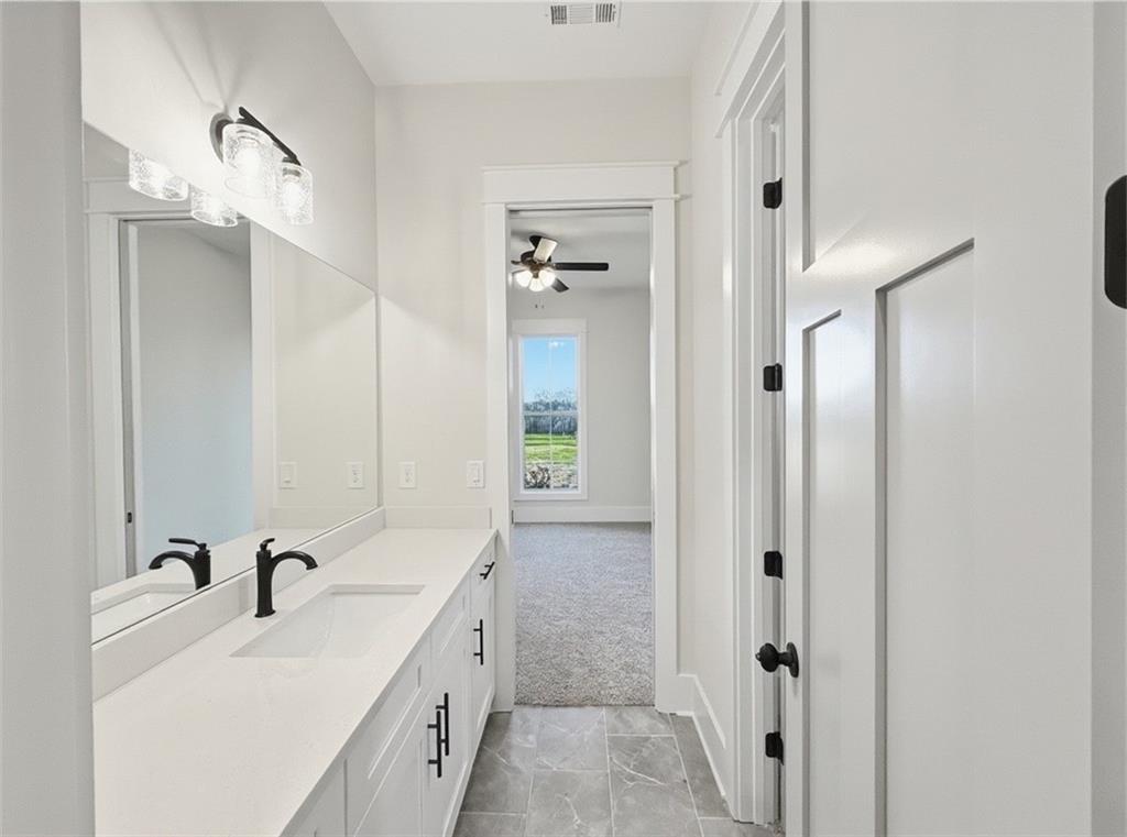 303 Eminence Peak Rydal, GA 30171 - Photo 61 of 73 a bathroom with a double vanity sink a mirror and a bathtub