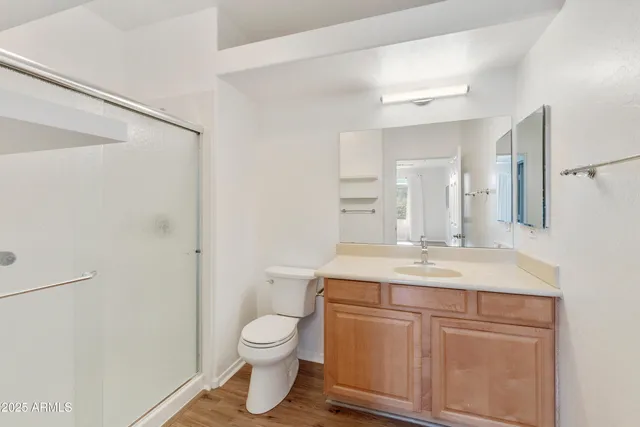 a bathroom with a granite countertop sink a toilet and a mirror