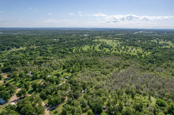 a view of a city with lush green forest