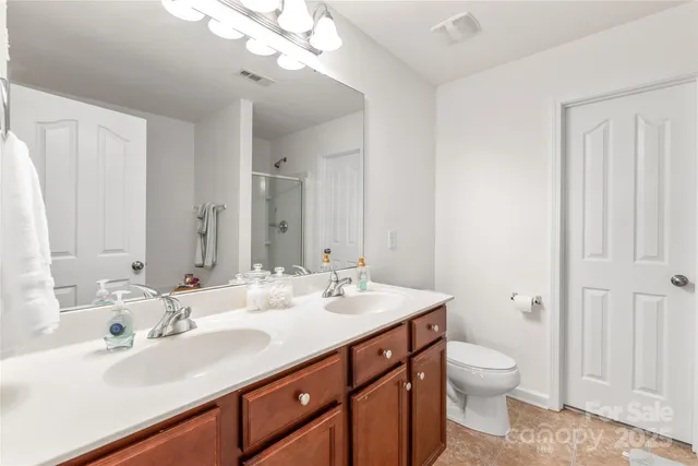 a bathroom with a sink a toilet and a large mirror