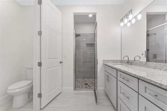 a bathroom with a granite countertop sink a toilet and shower