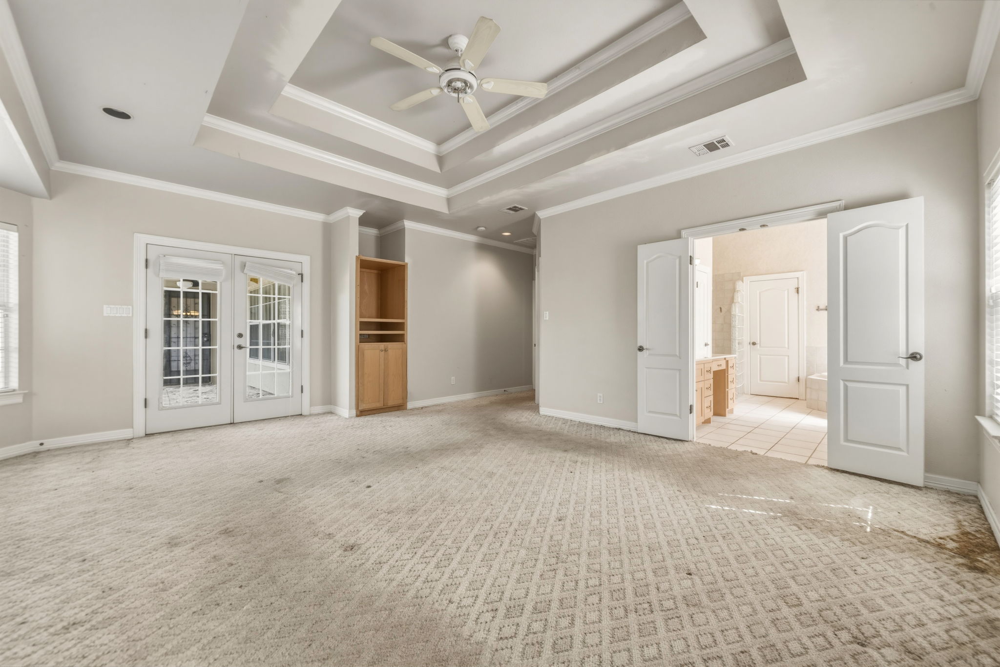 14039 Timberline Trail Austin, TX 78737 - Photo 24 of 39 Spare room with french doors, light carpet, ceiling fan, a raised ceiling, and healthy amount of natural light