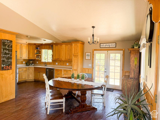 425 East Mule Deer Road Central, UT 84722 - Photo 14 of 72 Dining room with a chandelier, dark wood-style floors, lofted ceiling, plenty of natural light, and french doors