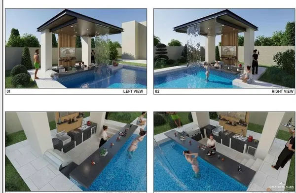 a view of a patio with wooden chairs