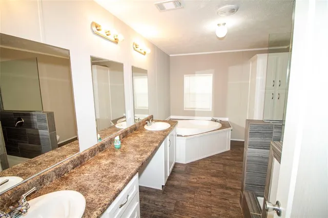 a bathroom with a granite countertop sink and a bathtub