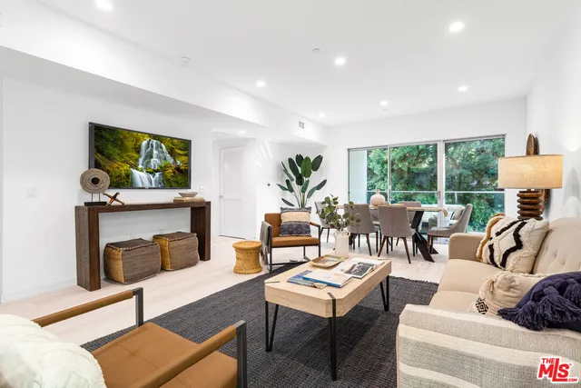 a living room with furniture a fireplace and a floor to ceiling window