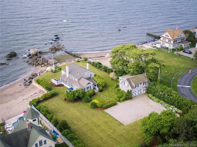 an aerial view of a house with a garden