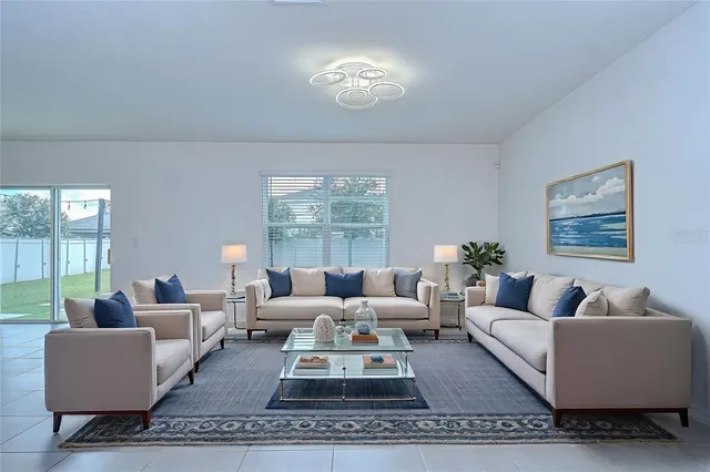 a living room with furniture and a large window