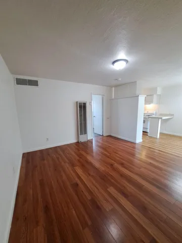 a view of empty room with wooden floor