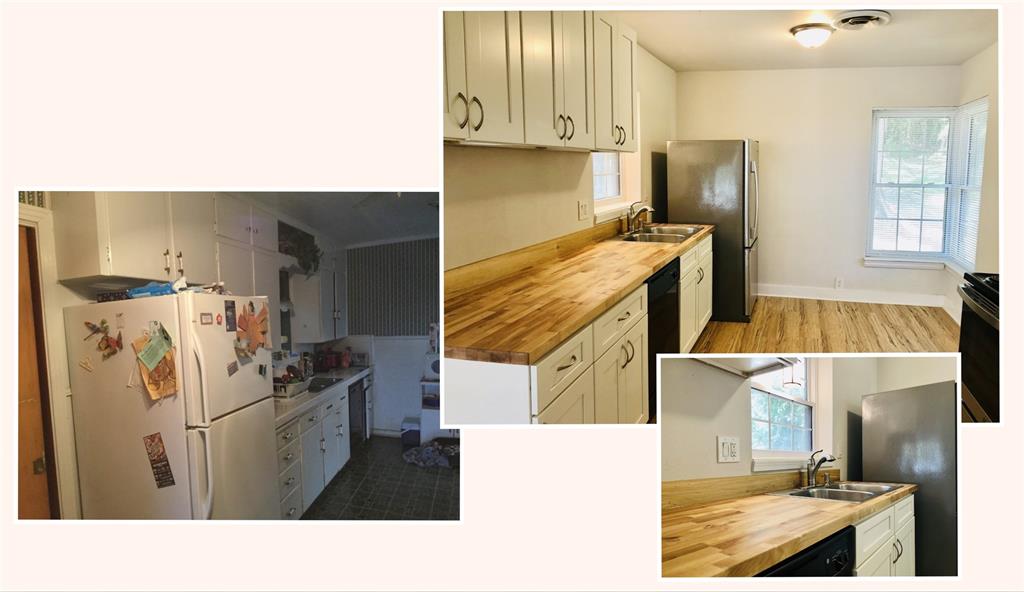 716 Kessler Boulevard Sherman, TX 75092 - Photo 19 of 27 Kitchen featuring butcher block counters, freestanding refrigerator, black dishwasher, and wood finished floors