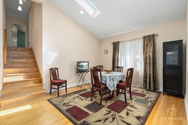 a view of a dining room with furniture