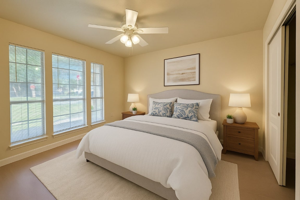 4526 Tello Path Austin, TX 78749 - Photo 15 of 24 a spacious bedroom with a bed and a large window