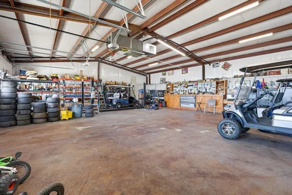 a view of a garage with storage