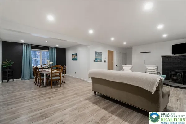 a view of a dining room with furniture